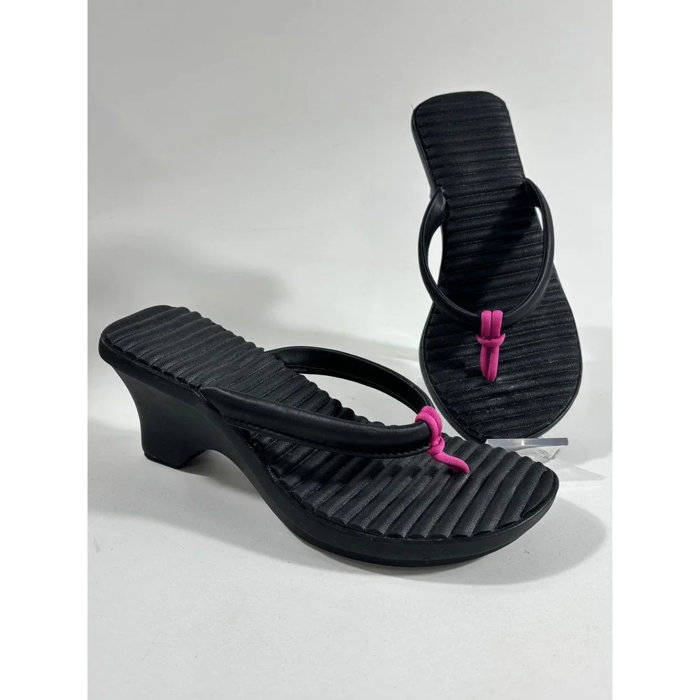 Crocs Sassari Wedge Sandals Womens 6 Black Pink Thong Strappy Platform Heels
